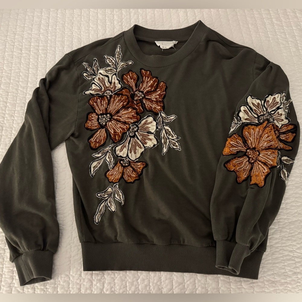 Anthropologie Appliqué Sweatshirt Grey Floral